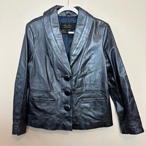 Vintage Y2K 2000s Leather Jacket Terry Lewis Metallic Blue Blazer Medium